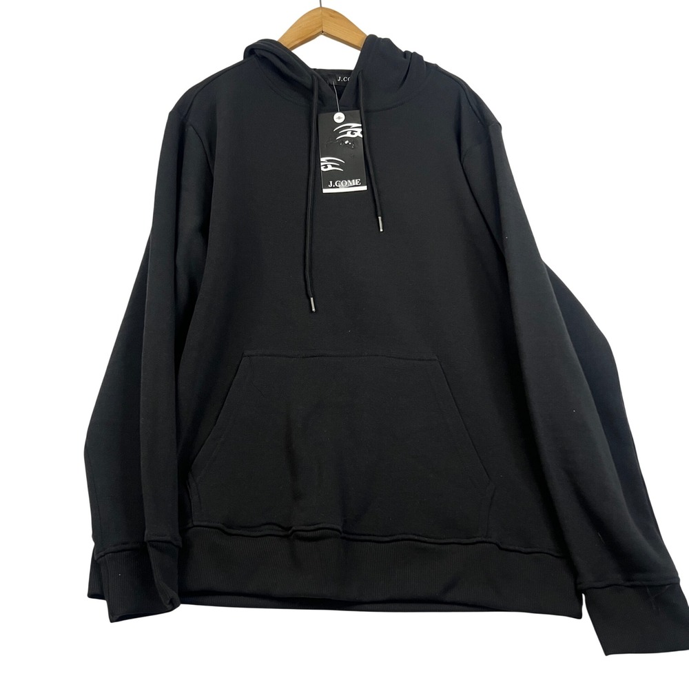 J.COME Men Black Pullover Hoodie H-9002 Fleece Lined Sweatshirt Size L NEW